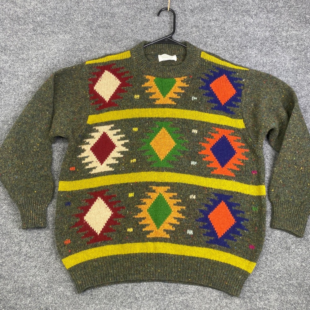 VTG United Colors of Benetton Shetland Wool Sweater Mens Green Geometric Italy